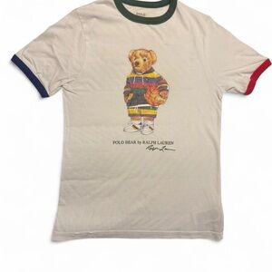 Ralph Lauren Cream Polo Bear Ringer Tee with Multicolor Stripes